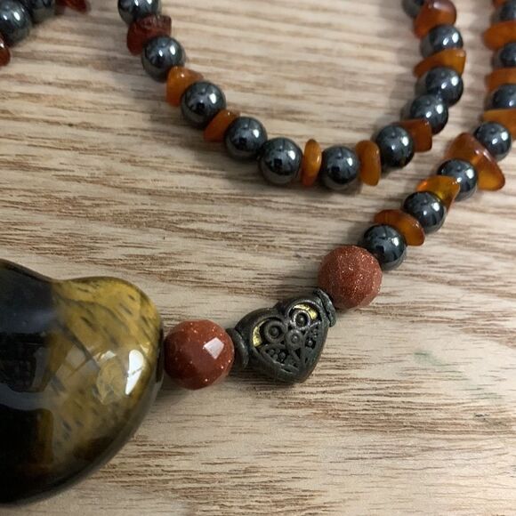 Handmade Tigers Eye-Goldstone-Hematite  Heart Necklace - Picture 4 of 11